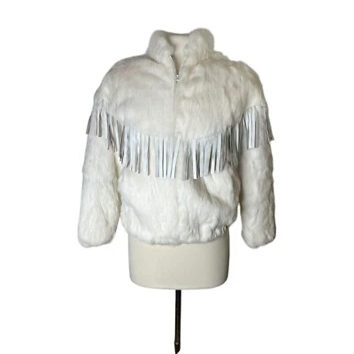 Vintage Niki Fur Bomber Jacket 80s White Real Rabbit w Leather Fringe EUC Luxury - Image 1 of 4