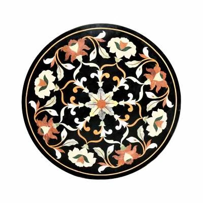 Mesa de centro lateral de piedra con incrustaciones de 15" mesa esquinera de mármol negra forma redonda Foto 1 de 4