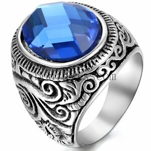 Charm Vintage Floral Stainless Steel Men's Women's Class Ring w Blue Stone