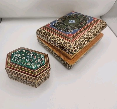 2 Vintage Persian Khatam Inlaid Jewelry Trinket Box Micro Mosaic Marquetry Iran  - Image 1 of 4