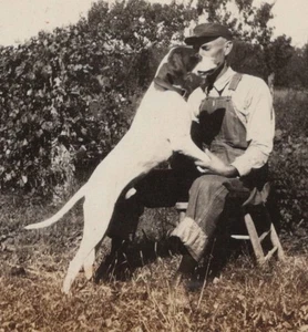 TORN 1920's Old Man With Beloved Pet Hunting Dog Overalls Cute - Picture 1 of 3