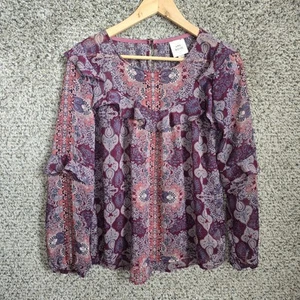 Knox Rose Top Womens Small Burgundy Paisley Print Sheer Ruffle Blouse Casual - Imagen 1 de 7