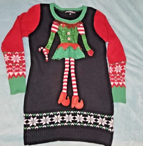 Women’s Christmas Ugly Sweater Dress Elf Costume Black Red Green Holiday Novelty - Picture 1 of 5