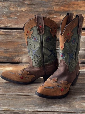 Dan Post 女孩 3.5 牛仔靴青少年棕色绿色皮革蓝鸟西部 — 第 1/4 张图片