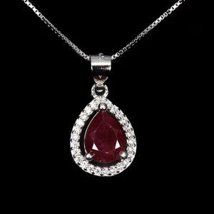 925 Sterling Silver Necklace Pear Ruby 9x6mm Natural Gemstone Jewelry 18inches - Picture 1 of 14