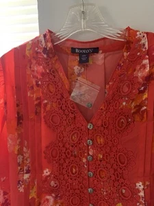 Roaman's Womens Blouse SZ 14 Tropical Floral Coral Lace Bib NWOT Boho Beachy - Picture 1 of 18