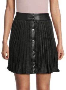 DKNY Jeans Women Mini Skirt Pleated Faux Leather Front Buttons Size 16 NWT - Picture 1 of 14