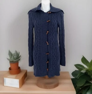 Vintage DONCASTER SPORT Wool Cardigan Sweater XS Blue Cable Knit Toggle Button - Picture 1 of 7
