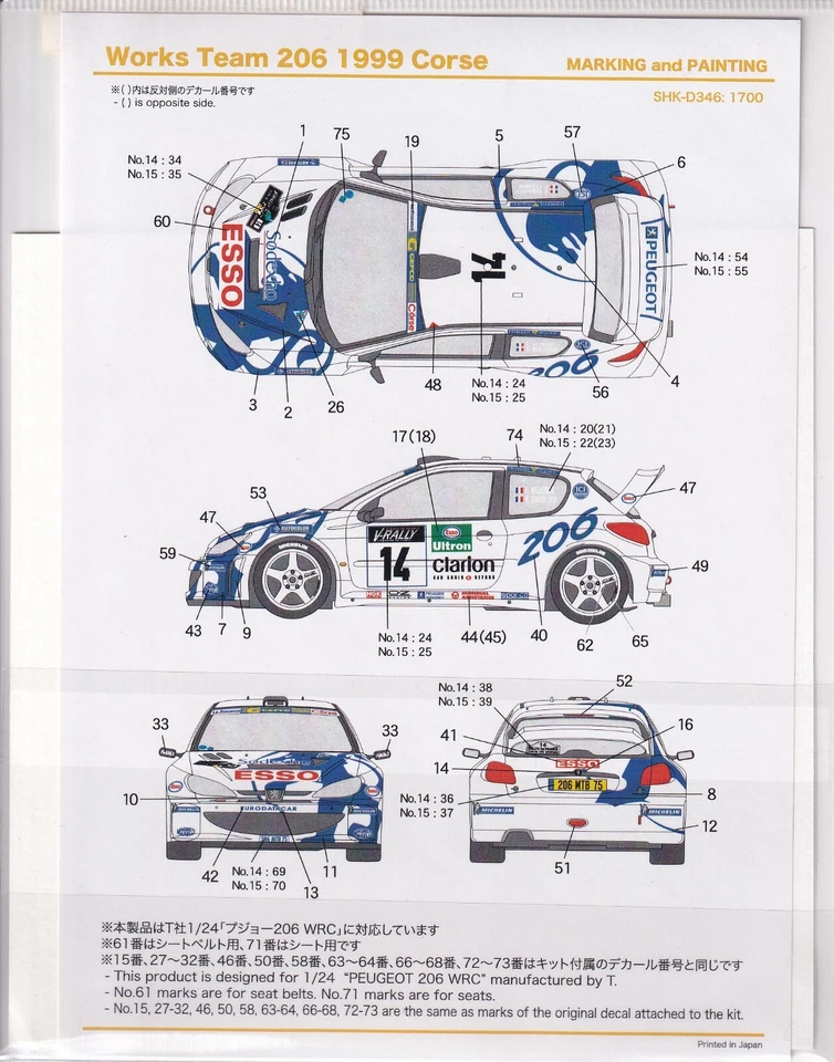 Decalcomanie 1/24 PEUGEOT 206 WRC Works Team 1999 Corse. per TAMIYA - Immagine 1 di 2