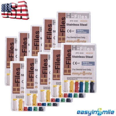 EASYINSMILE 10Pack Dental H-Files Hand Use 25mm File Endodontic Stainless Steel Reamer15-40#