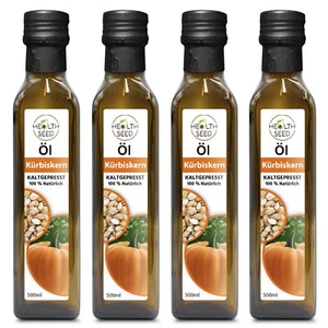 4x500 ml Kürbiskernöl Health Seed® - Ungefiltert Kaltgepresst Glasflasche - Bild 1 von 3