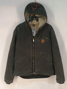 Carhartt Jacket Mens Large J141 BLK Hooded Black Canvas Sherpa Lined Distressed - Picture 1 of 14
