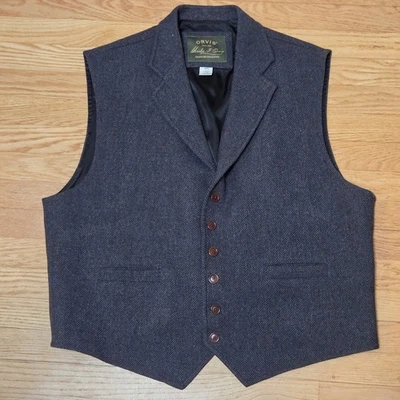 ORVIS 100% Wool Herringbone Tweed Vest Button Belted Western Waistcoat Men XXL - Image 1 of 4