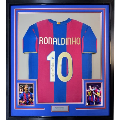 Framed Autographed/Signed Ronaldinho 35x39 Barcelona Blue/Red Jersey Beckett COA - Image 1 of 2