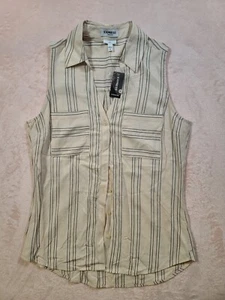 Express Slim Portofino Blouse Small NWT Button Down Cream With Black Stripes - Picture 1 of 10