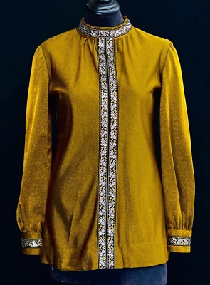 Vintage 1960s gold metallic tunic top shirt long sleeve high neck floral M L - Image 1 of 4
