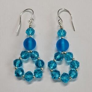 Glass Earrings Teal Blue Crystal Silver Dangle Fashion Valentine Beach Gift