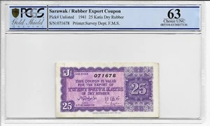 Straits Settlements Malaysia Sarawak Rubber Export 25 Katis 1941 PCGS 63 UNC - Picture 1 of 2