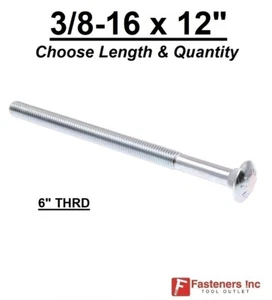 3/8-16 x 12" Carriage Bolts A307 Grade 2 Zinc Plated "Coach Screws" 3/8"-16 - Picture 1 of 8