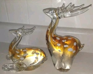 Celebrations White Spotted Deer Sculptures Arroyo Art Glass Blown 9" & 6" Heavy - Picture 1 of 15