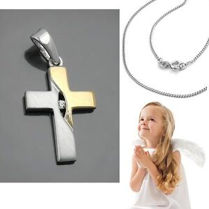 Kinder Taufe Kommunion Kreuz Anhänger Kette Echt Silber 925 bicolor vergoldet