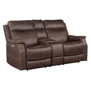 Valencia Walnut Brown Faux Leather Dual Power Reclining Console Loveseat - Picture 1 of 12