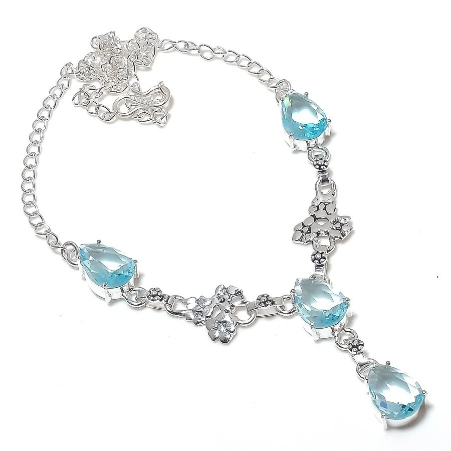 Colar de joias de prata esterlina 925 feito à mão com pedra preciosa azul água-marinha tamanho 18" - Imagem 1 de 1