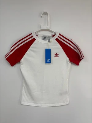 Women's Adidas Adicolor 3-Stripes White Raglan Slim T-Shirt Red Sleeves Size S - Image 1 of 4