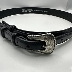 Cinturón de cuero negro occidental NOCONA superposición lisa hebilla plateada N2476801 talla 38 - Imagen 1 de 6