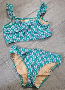 J Crew Girls' printed ruffle-strap Swimsuit Bikini Green Blue Floral Sz 16 - Picture 1 of 4