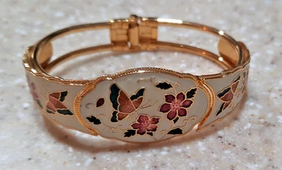 Brazalete Abrazadera con Bisagras Mariposa Floral Cloisonné Tono Dorado Blanco Multicolor Foto 1 de 4