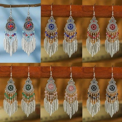 6 pares de pendientes colgantes de plumas boho coloridos con cuentas tribales étnicas festival joyería Foto 1 de 4