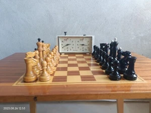 Vintage USSR chess set: chess pieces, chess table, chess clock Soviet Wood Old - Picture 1 of 19