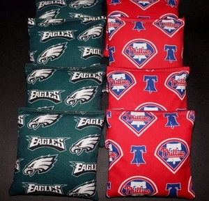PHILADELPHIA EAGLES & PHILLIES CORNHOLE BEAN BAGS 8 ACA Reg made w TEAM Fabric - Picture 1 of 2