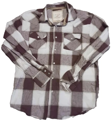 Ditch Plains Flannel Western Shirt Mens Large Brown Plaid Long Sleeve Pearl Snap - Image 1 of 4