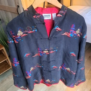 Chico’s 100% Silk Embroidered Japanese Pagoda Jacket Medium Long Sleeve Top - Picture 1 of 4