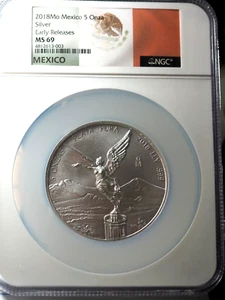 2018 MEXICO  5 ONZA .999 FINE SILVER CERTIFIED NGC MS 69 EARLY RELEASES !!!!! - Picture 1 of 4