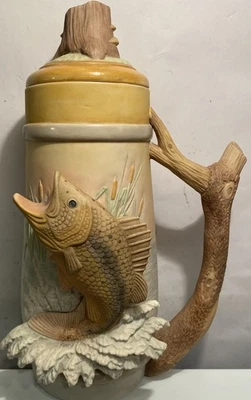 1960s Hand Painted 3 Dimensional Sculpted Porcelain Fish Rustic Scene Lidded - Image 1 of 4