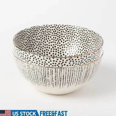 Juego de cuencos grandes de cerámica únicos puntos rayas perfecto para servir ensaladas de pasta nuevo Foto 1 de 4