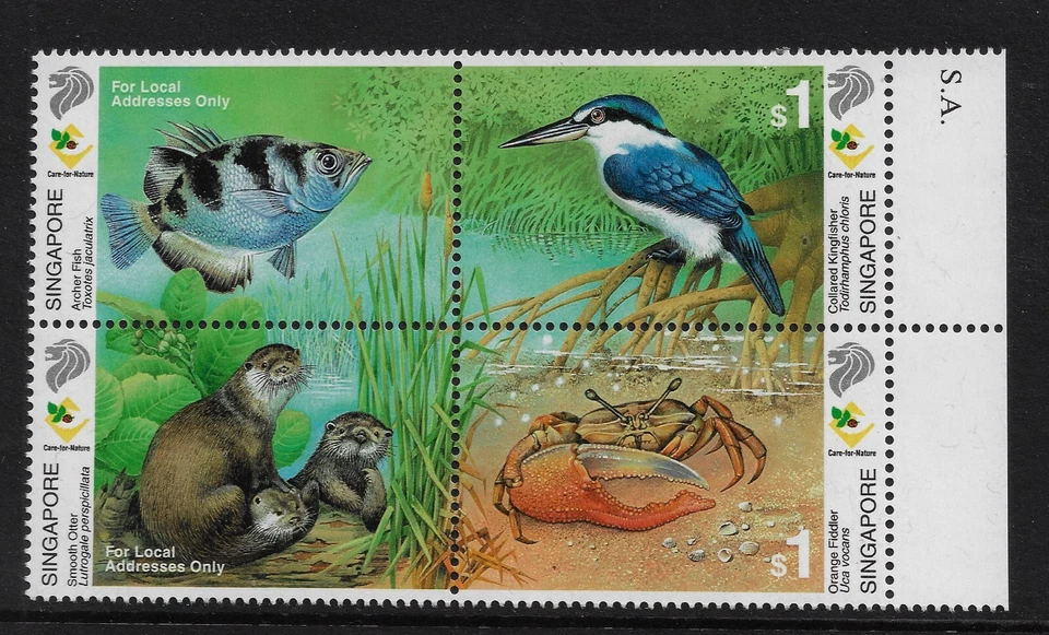 SINGAPUR 2000 HUMEDAL FAUNA (REY PESCADOR, NUTRIA, PEZ Y CANGREJO) BLOQUE. SG1060a Foto 1 de 1
