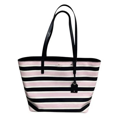 Kate Spade Large Zippered Tote Bag Janie Celebration Pink Black Stripe Spring - Image 1 of 4