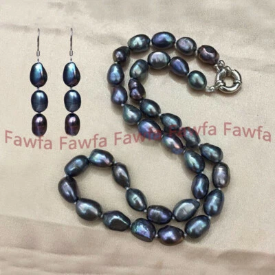 7-10毫米真天然黑色大溪地巴洛克珍珠项链耳环18英寸套装 — 第 1/4 张图片