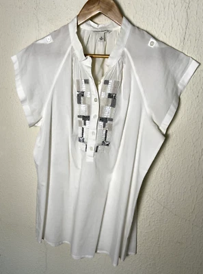 Banana Republic Women's Medium White Cotton Beaded Detail - Image 1 of 4