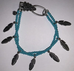 Lucky Brand Turquoise Bead Silver Feather Bracelet Alligator Closure 7.5” - Picture 1 of 13