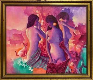 Rare Surabhong Thai Females 1975 Oil on Canvas Painting Vibrant Color Frame Art - Picture 1 of 4