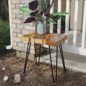 Rustic Reclaimed Rectangle Teak Wood Slice Side Table with Metal Handmade Decor - Picture 1 of 6