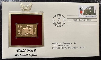22K Gold Plated Replica Stamp First Day of Issue Cover-WWII Red Ball Express1994 - Image 1 of 4