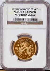 RARA MONEDA 1976 Hong Kong $1000 Oro Dragón PRUEBA NGC PF70 Grado Perfecto - Imagen 1 de 1