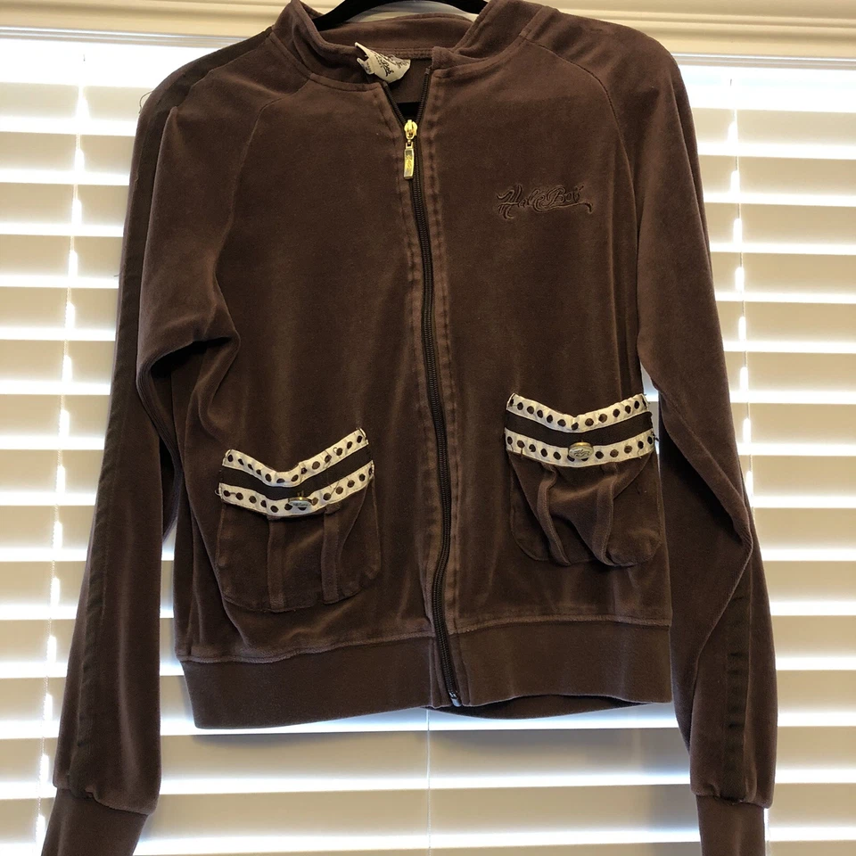 Chaqueta deportiva Hale Bob grande con cremallera completa marrón terciopelo Y2K bolsillos bordados Foto 1 de 4