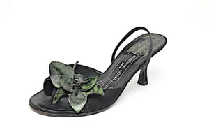 STEPHANE KELIAN Black Suede Hidden Thong Slingback w Leather Flower Motif Sz 6 - Picture 1 of 10